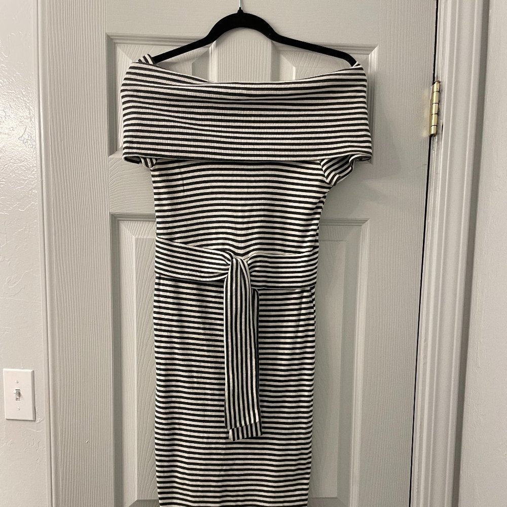 VICI Collection Grey & White Striped Off the shoulder Dress - Size M